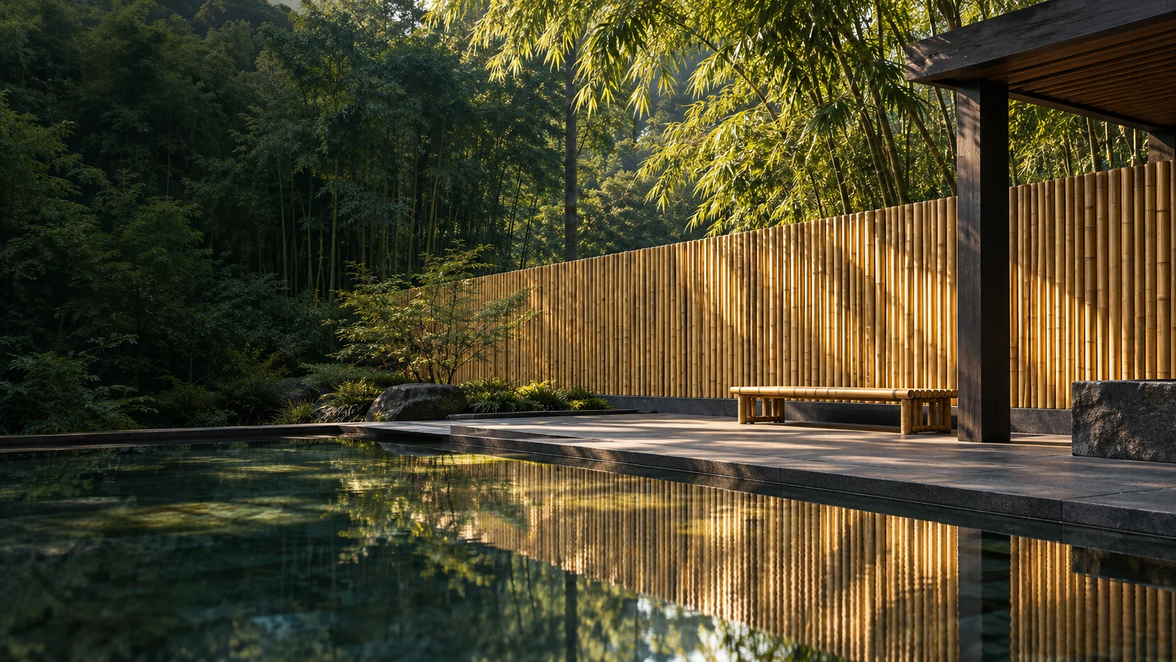 Bamboo fencing in a quiet contemporary courtyard — application concept