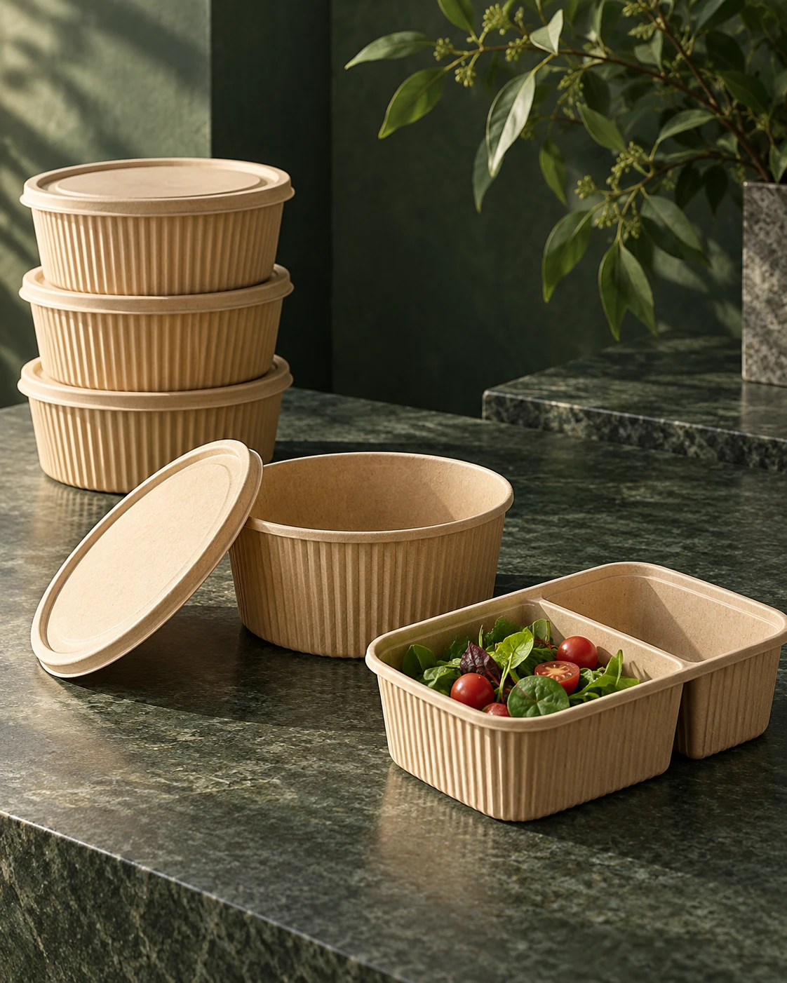 Tan food containers and matching lids — product concept